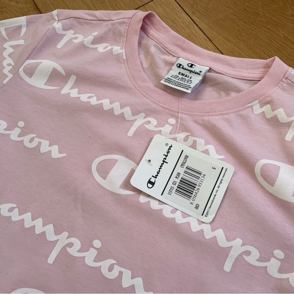 Champion Allover Print T-Shirt - Women’s Small - Spellout Logo Pink Summer BNWT - Picture 6 of 14